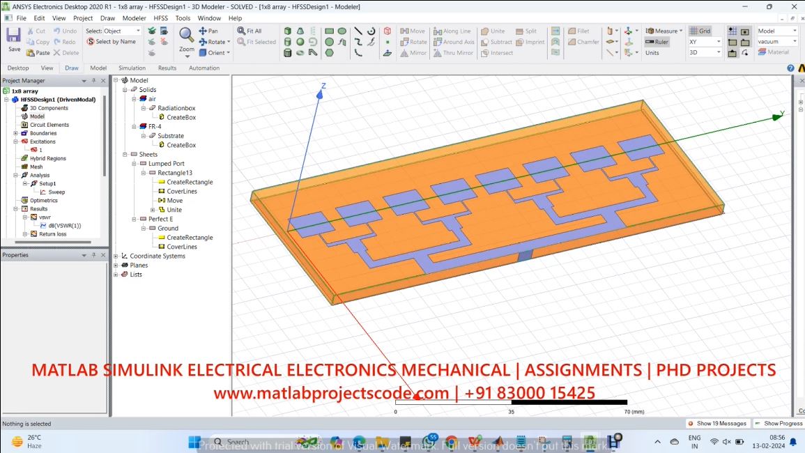 Microstrip Patch Antenna Array 1X8 HFSS Ansys Project Antenna